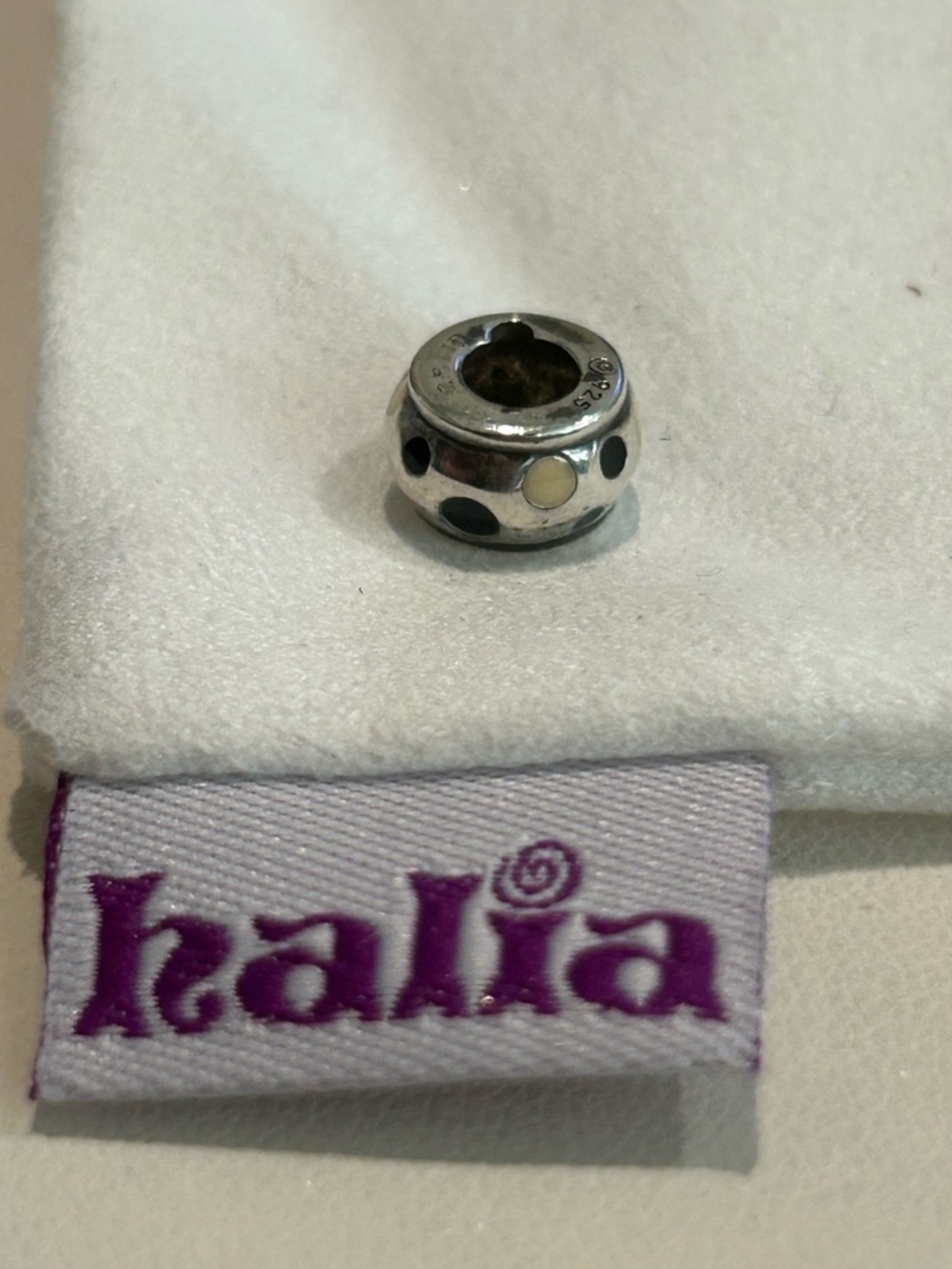 Halia Retired Sterling Silver Polka Dot Charm Bead w/ Black and Cream Dots